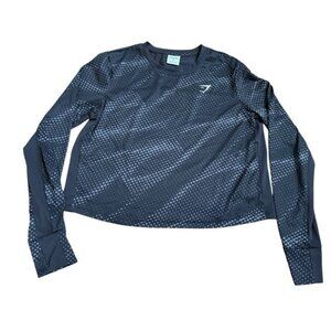 Gymshark Womens Medium Sport Printed Long Sleeve Black Grey T Shirt Thumbholes
